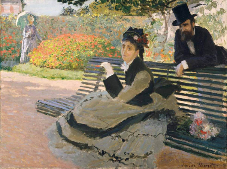 Camille Monet em um banco do jardim 